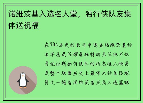 诺维茨基入选名人堂，独行侠队友集体送祝福